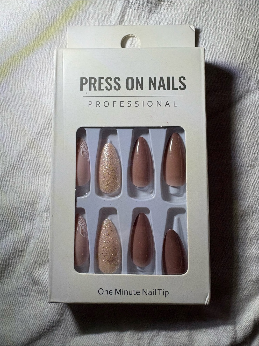 Long Almond Press-On Nails Brown Beige Gold Glitter Pre-Designed Nail Art